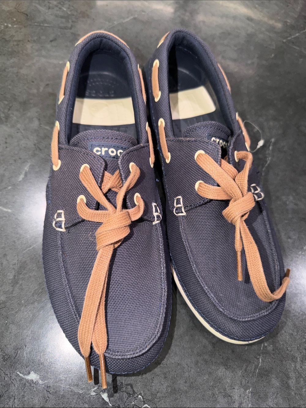 CROCS Navy Canvas Boat Shoes with Tan Laces
